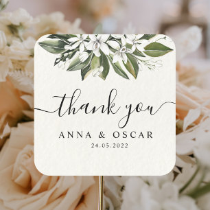 Trendy Watercolor White Flowers & Leaves Square Sticker