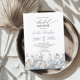 Trendy watercolor winter dusty blue wildflowers invitation