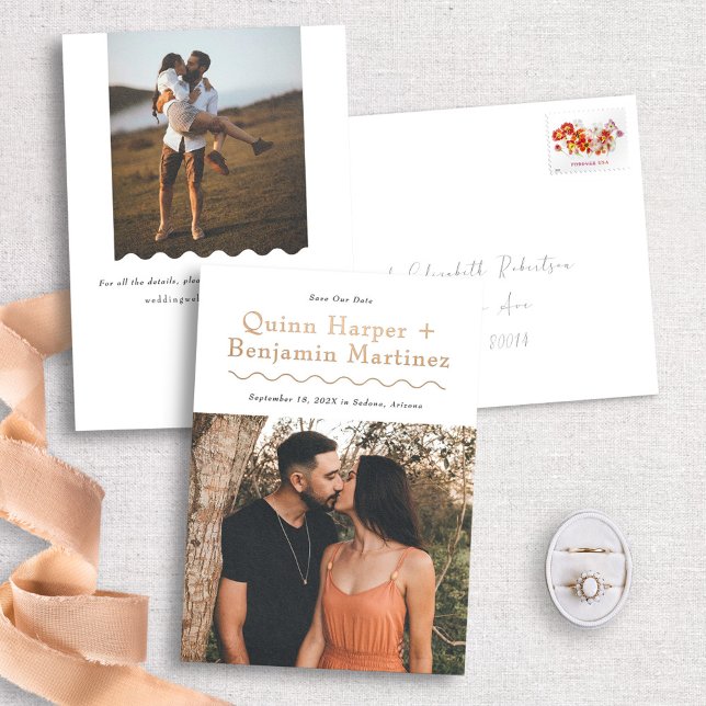 Trendy Wave Rose Gold Foil Photo Save the Date (Creator Uploaded)