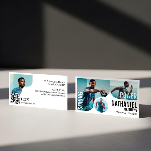 Trendy Wavy Photo Frame Personal Trainer Fitness  Business Card (Trendy Wavy Photo Frame Personal Trainer Fitness Business Card)