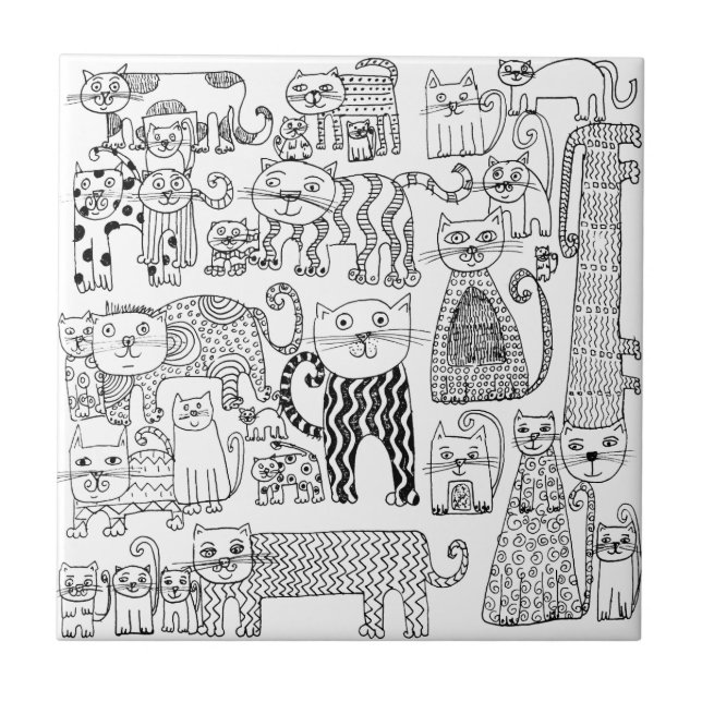 Trendy Whimsical Black and White Cat Patterned Ceramic Tile (Front)