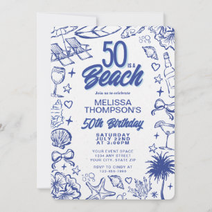 Trendy Whimsical Hand Drawn 50th Beach Birthday Invitation