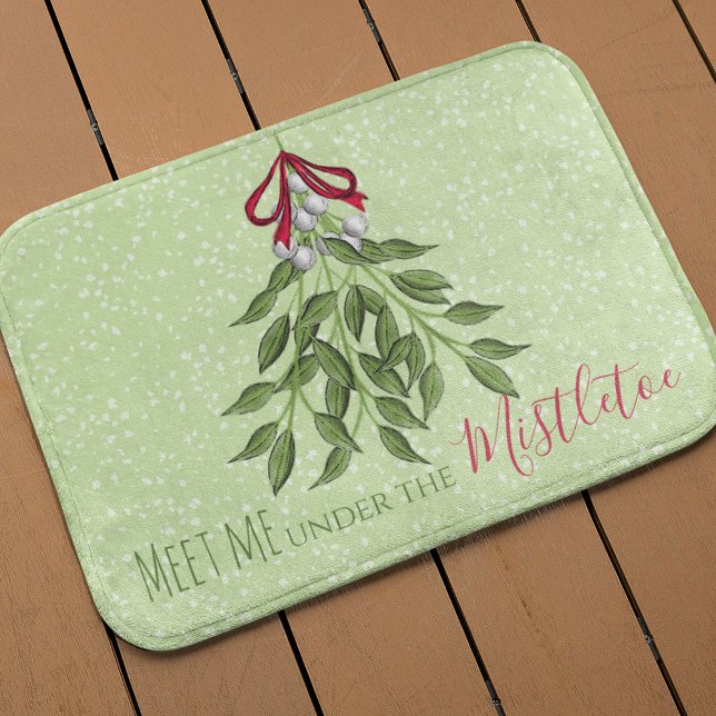 Trendy Whimsical Holiday Christmas Custom Cute Bath Mat (Meet me under the mistletoe holiday bath mat)