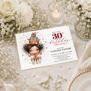 Trendy Whimsical Woman 30th Birthday Deep Red Part Invitation