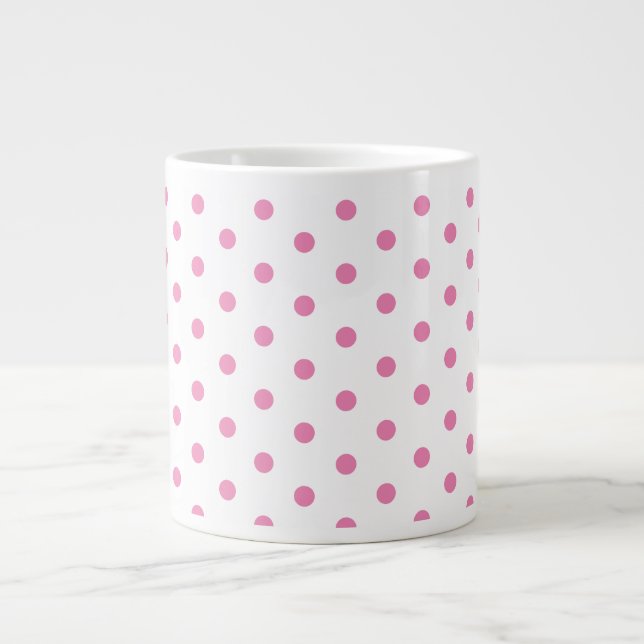 Trendy White and Pink Polka Dots Pattern Retro Large Coffee Mug (Front)