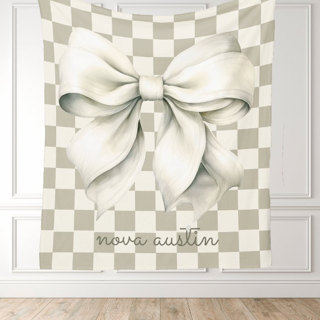 Trendy White Bow Personalised With Name Monogram Fleece Blanket (Creator Uploaded)