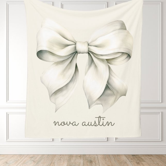 Trendy White Bow Personalised With Name Monogram Fleece Blanket (Creator Uploaded)