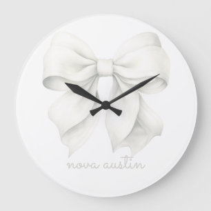 Trendy White Bow Personalised With Name Monogram Large Clock