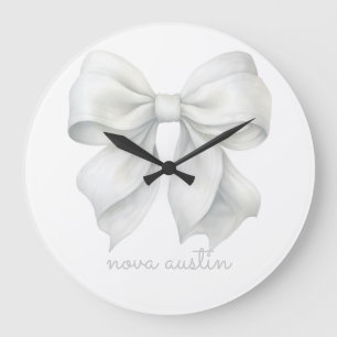 Trendy White Bow Personalised With Name Monogram Large Clock