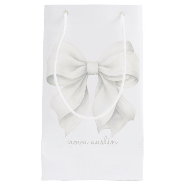 Trendy White Bow Personalised With Name Monogram Small Gift Bag (Front)