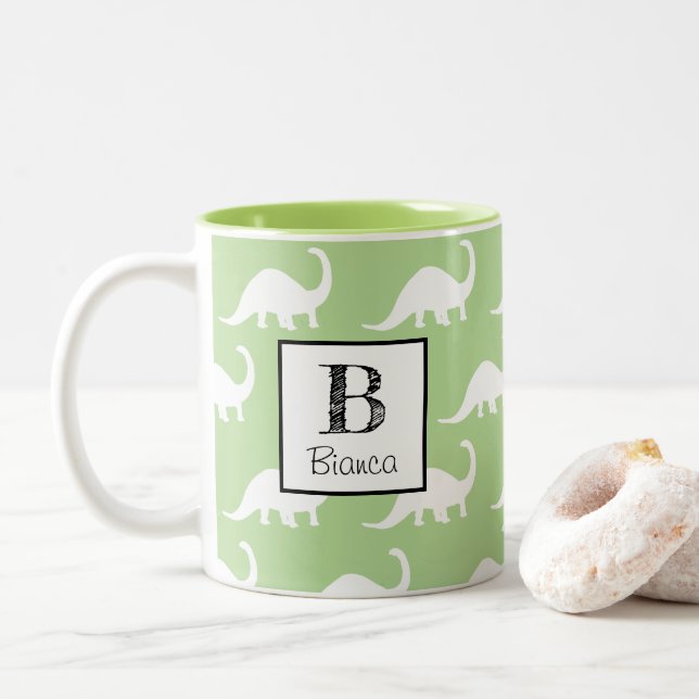 Trendy White Brontosaurus Dinosaurs Personalised Two-Tone Coffee Mug (With Donut)