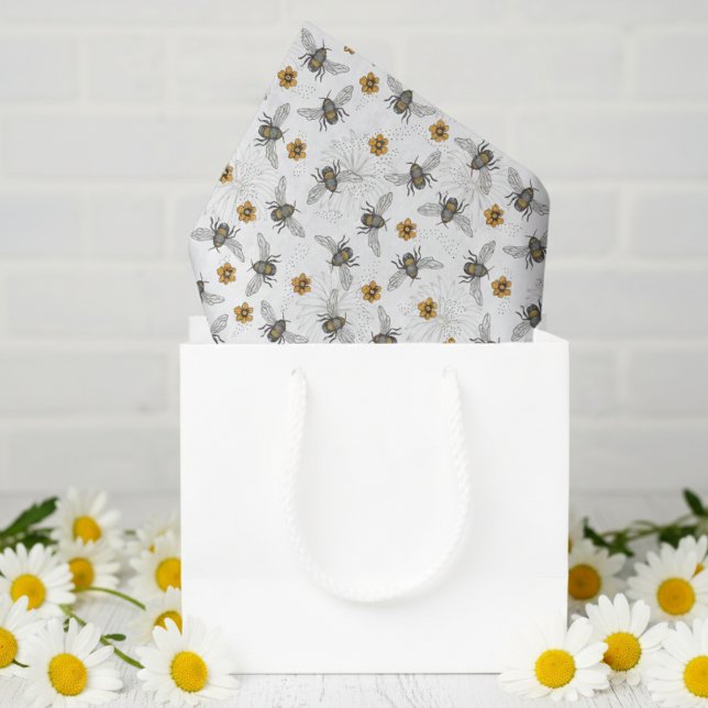 Trendy White Buzzing Spring & Summer Honeybee  Tissue Paper (Floral Bee Tissue Paper for Insect & Nature Lover. Honeybees, Daisy & Gold Cosmos Flowers Pattern)