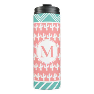 Trendy White Cactus & Geometric   Personalised Thermal Tumbler