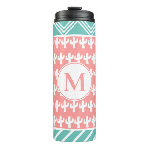 Trendy White Cactus & Geometric   Personalized Thermal Tumbler