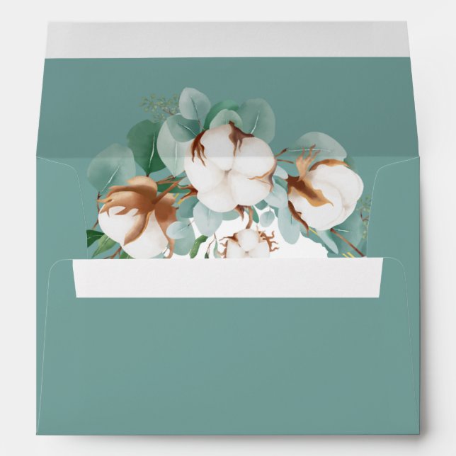 Trendy White Cotton Blossoms Teal Wedding Invite Envelope (Back (Bottom))