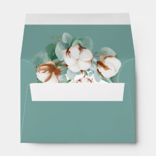 Trendy White Cotton Floral Buds Teal Wedding RSVP Envelope