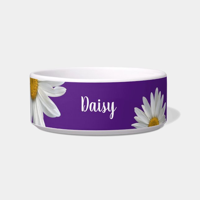 Trendy White Daisies Cute Floral Purple Pet Bowl (Front)