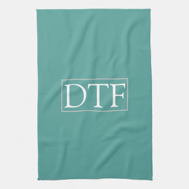 Trendy White DIY Monogram/Name LtGrey Border, Teal Tea Towel (Vertical)