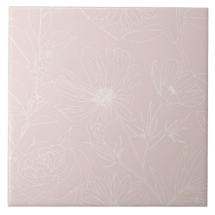 Trendy White Flowers outlines Blush Pink design Ceramic Tile