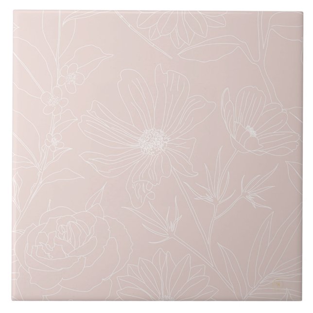 Trendy White Flowers outlines Blush Pink design Ceramic Tile (Front)