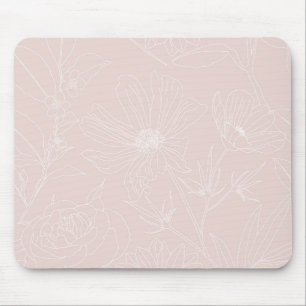 Trendy White Flowers outlines Blush Pink design Mouse Pad