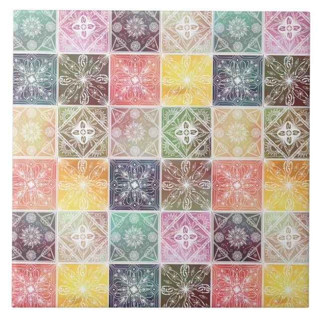 Trendy White Geometric Ornament Colorful Tile Art (Front)