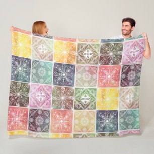 Trendy White Geometric Ornament Colorful Tile Art Fleece Blanket