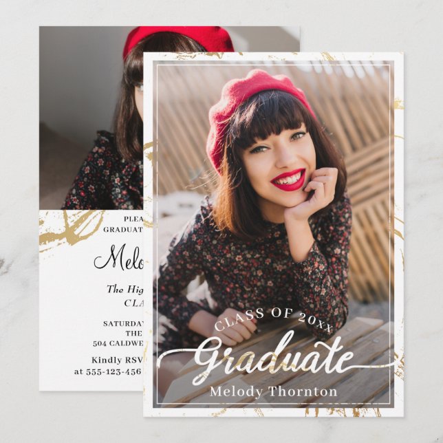 Trendy White Gold Marble 2 Photo Graduation Party Invitation (Front/Back)
