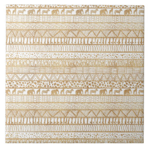 Trendy White Gold Tribal African Pattern Ceramic Tile
