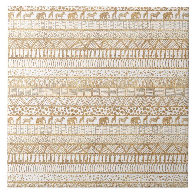 Trendy White Gold Tribal African Pattern Ceramic Tile (Front)