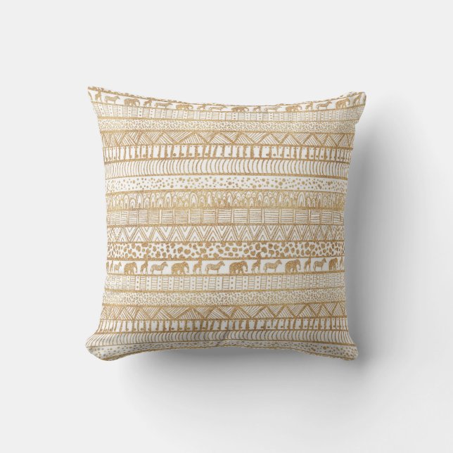 Trendy White Gold Tribal African Pattern Cushion (Front)