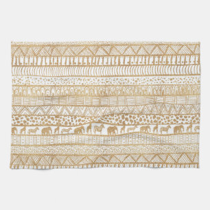 Trendy White Gold Tribal African Pattern Tea Towel