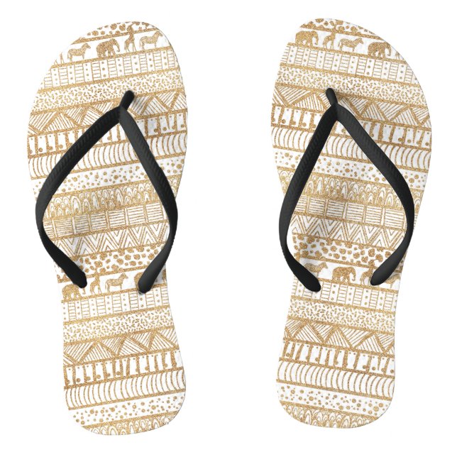Trendy White Gold Tribal African Pattern Thongs (Footbed)