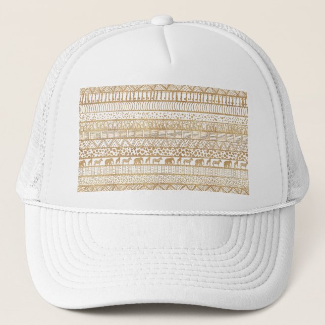 Trendy White Gold Tribal African Pattern Trucker Hat (Front)