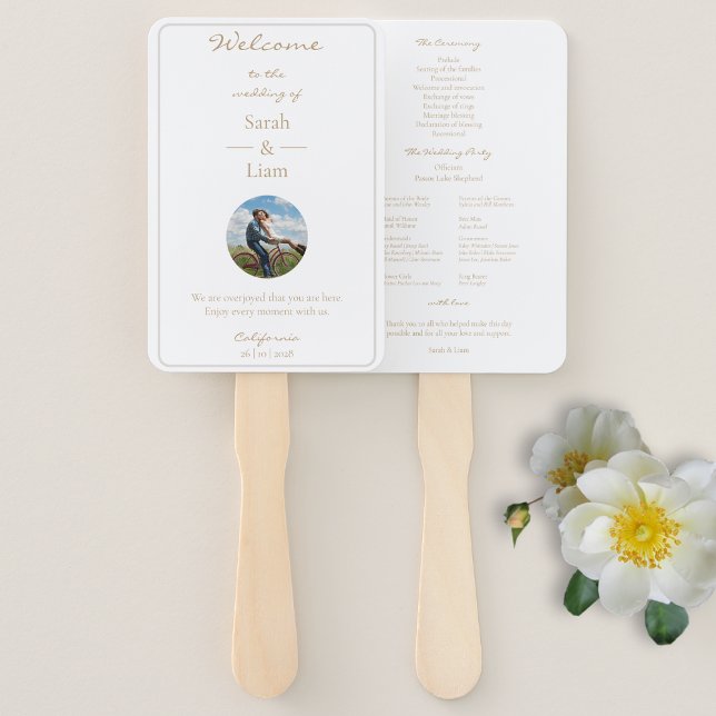Trendy White & Golden Couple Photo Wedding Program Hand Fan (Creator Uploaded)