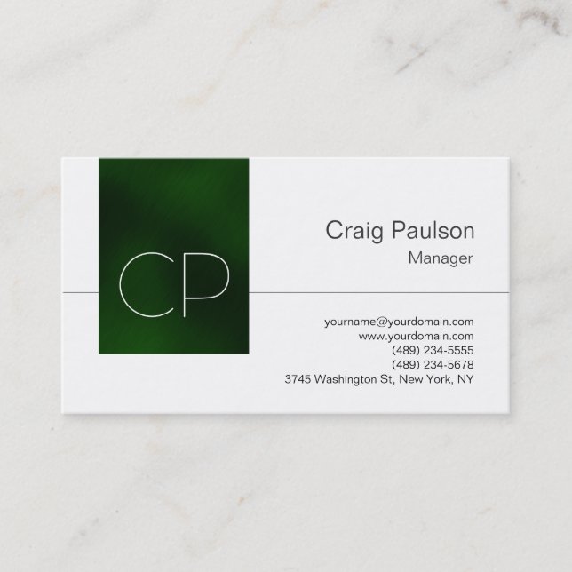 Trendy White Green Clear Monogram Business Card (Front)