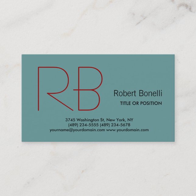 Trendy White Grey Red Monogram Business Card (Front)