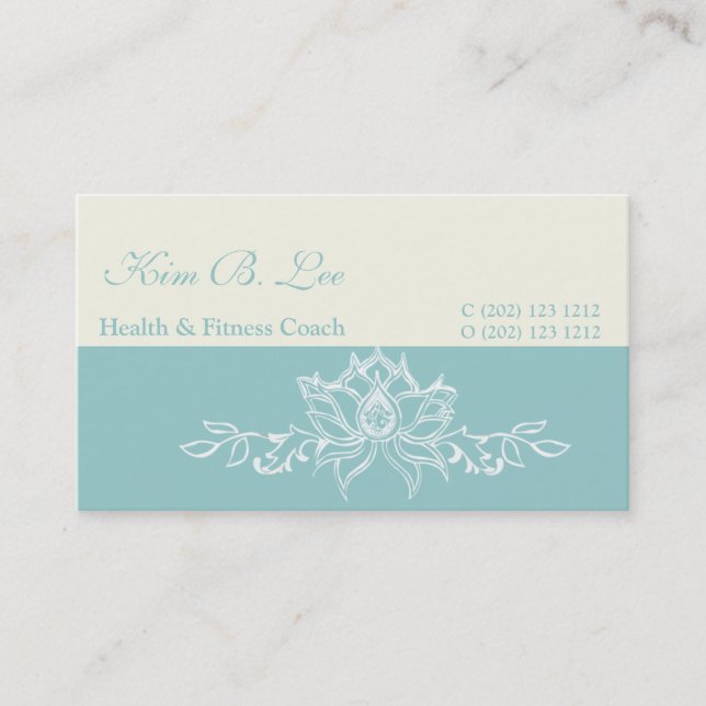 Trendy White Lotus Flower Yoga on Teal Blue Business Card (Front)