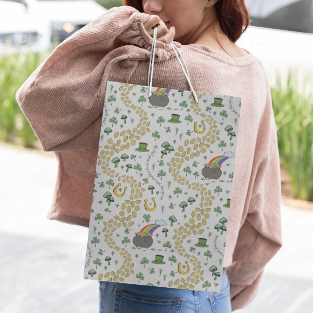 Trendy White Luck & Joy St Patricks Day Whimsical  Medium Gift Bag (Cheerful St Patricks drawing of Pots of Gold, rainbows, Leprechaun hats, gold coins and more! Cute! )