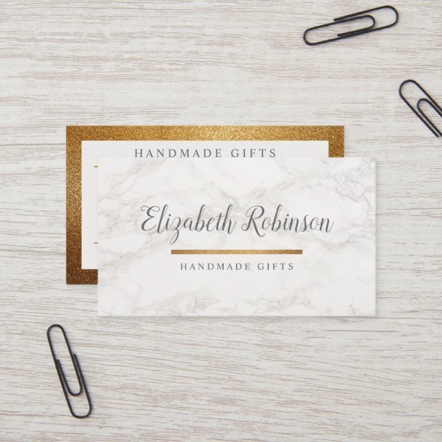 Trendy White Marble & Gold Glitter Handmade Gifts Business Card (Front/Back In Situ)