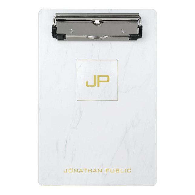 Trendy White Marble Gold Monogram Modern Elegant Mini Clipboard (Front)