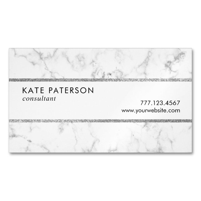 Trendy White Marble Silver Glitter Stripes Magnetic Business Card (Front)