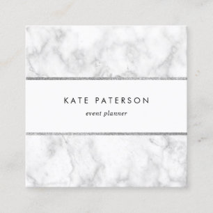 Trendy White Marble Silver Glitter Stripes Square Business Card