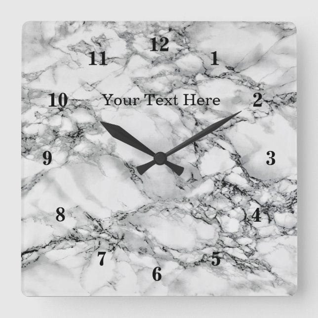 Trendy White Marble Stone - Add Your Text / Name Square Wall Clock (Front)