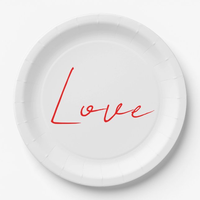 Trendy White Red Love Wedding Handwriting Name Paper Plate (Front)