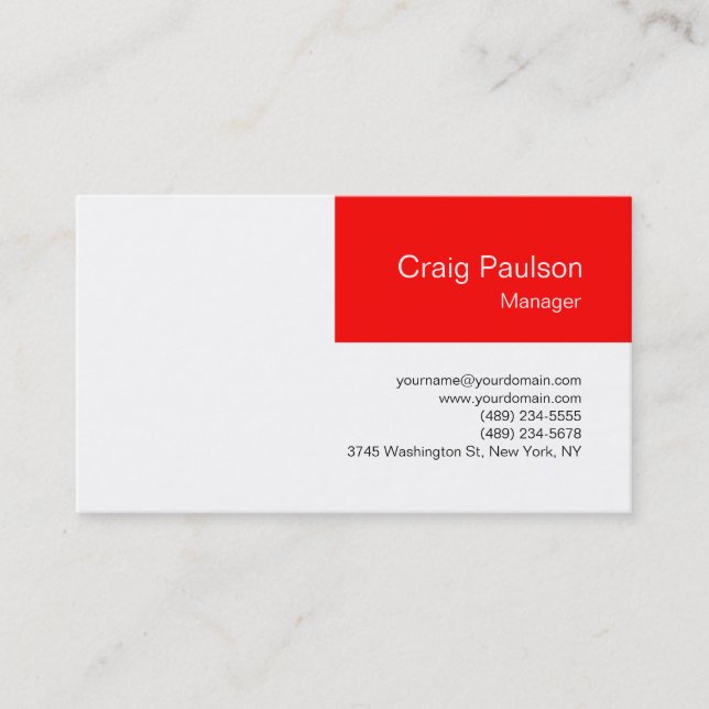 Trendy White Red Manager Business Card (Front)