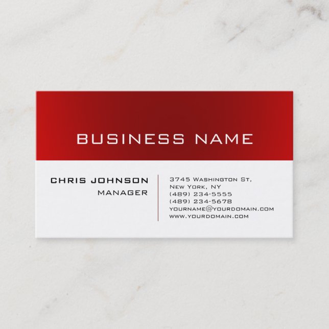 Trendy White Red Striped Manager Business Card (Front)
