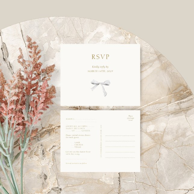 Trendy White Ribbon Wedding RSVP Postcard (Creator Uploaded)