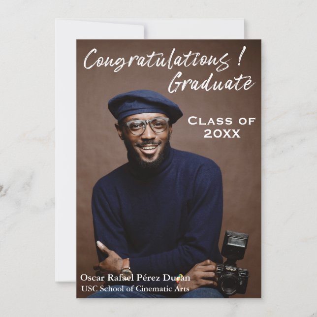 Trendy White Script Congratulations Graduate Photo Announcement (Front)