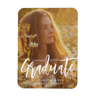 Trendy White Script Graduation Announcement Magnet